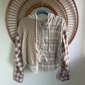 American Eagle Patchwork Plaid Button-Up Hoodie - Neutral Tan & Cream